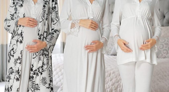 Women's White Long-Sleeve Pajamas Set Nightgown Dressing Gown Puerperal Maternity 4'lü Set