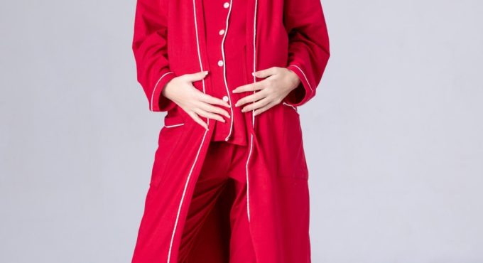 Luxury Puerperal Sleepwear Set 100 Cotton Dark Red