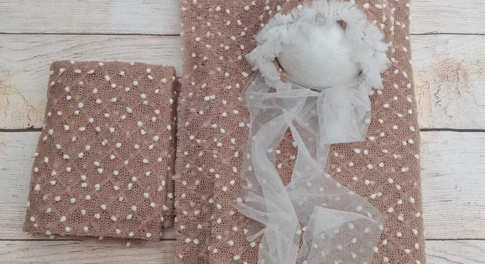 A Set 150X100CM Dot Fabric,75X50CM Bobble Wraps and Photo Shoot Bonnet Baby Lacework Headbands Infant Photography Accessories