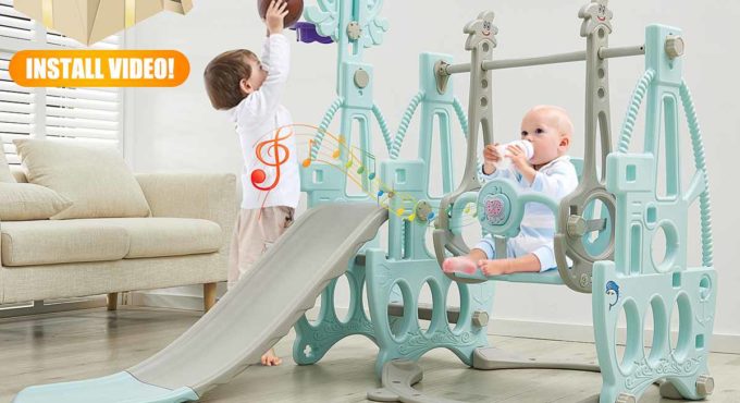 Baby Slide 3 in 1 Children Indoor Swing Chair Kindergarten Slide Swing Combination Playground Toys With Basketball Hoop & Music