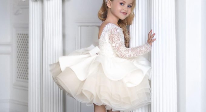 Customized White Long Sleeve Girls Dresses Puffy Tulle Flower Girl Dress Kids Clothes Children Birthday Gown Photography