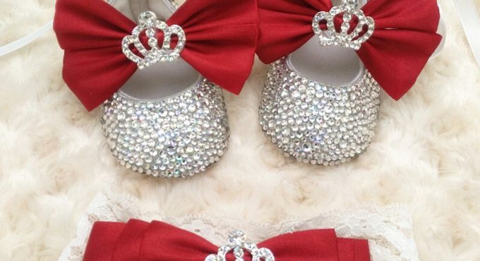 Infant Crystal Shoes for Baby Girl Bowknot Custom Bling Birthday Baptism Wear Princess Shoes Toddler First Walkers With Hairban