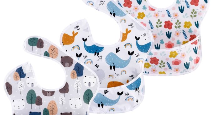 Waterproof Baby Bibs 100% Polyester TPU Coating Feeding Bibs Washable Baby Bibs with Food Catcher for Baby Girls & Boys