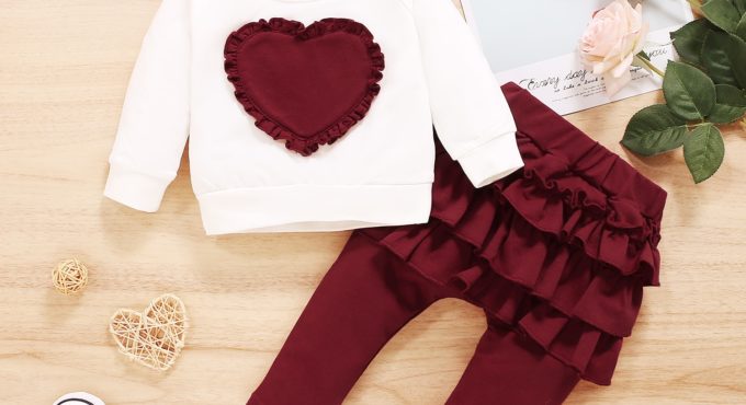 Baby Girl Spring Clothes Long Sleeve Ruffles Heart Top And Cute Pants Headband Toddler Girl Outfits Set 2021 Hot Sale Hoodies