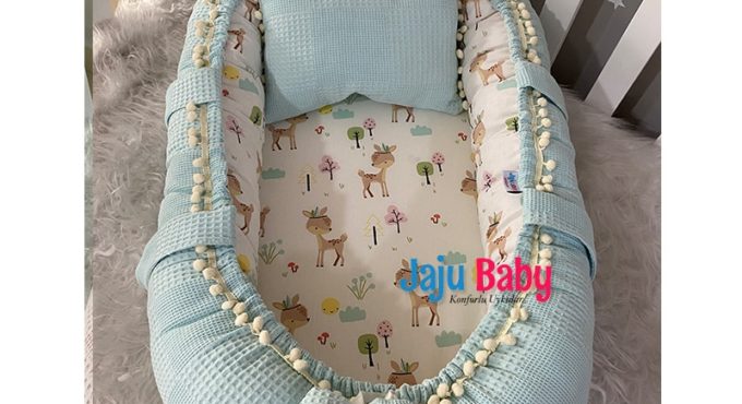 Jaju Baby Special Hand Made Baby Nest Blue Waffle Pique Fabric Deer Design Pompom Babynest