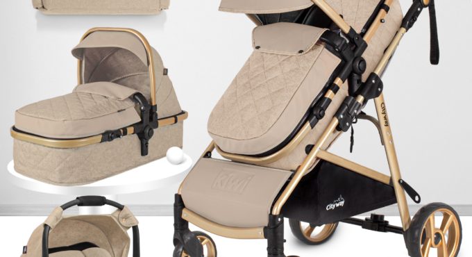 Jaju Baby Kiwi City Way 5 in 1 Stroller, Carry Cot, Carrying Seat, Nursing Bag, Raincoat-Latte