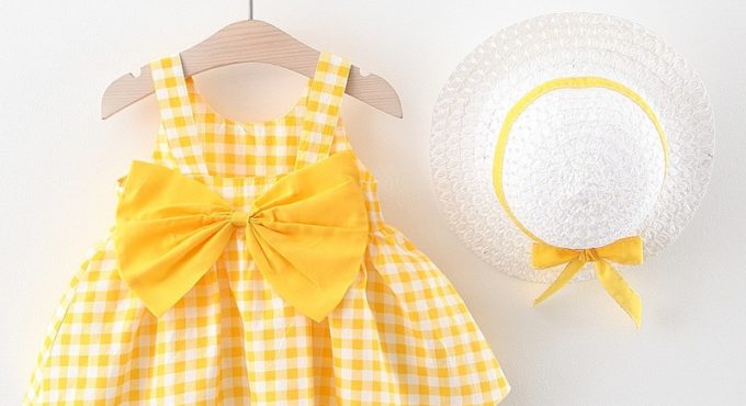 2Piece Summer Toddler Girl Clothes Set Baby Beach Dresses Cute Bow Plaid Sleeveless Cotton Newborn Princess Dress+Sunhat 2012