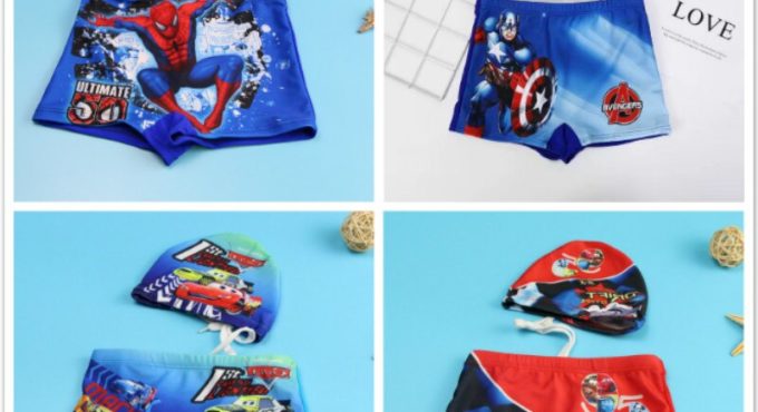 Baby Boy Swimwear Pants Cap Set Kid Swimsuit Summer Shorts Cartoon Spiderman Pixar Cars Captain America Children Swimming Trunks