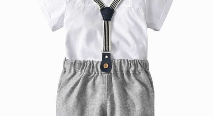 Wholesale 2021 Baby Boy Sets bow tie white Short Sleeve Romper+overalls 2 Piece cotton Suit Boy Clothes