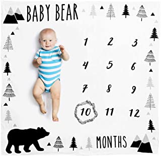 Organic Baby Monthly Milestone Blanket Size-Baby Bear Months Blanket with Bib + Month Frame - Baby Boy Milestone blanket for