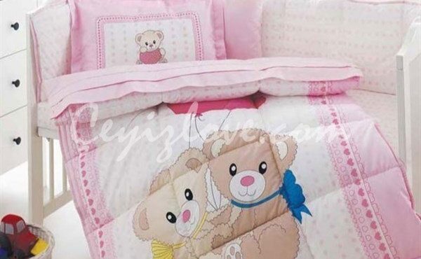 Özdilek Little Bear Ranforce Baby Sleeping Set Pink with Bear Funny Sheet Pillowcase Bedroom Luxury Modern New Design