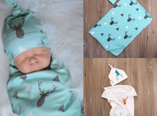 Toddler kids Baby girls boys clothes animal print Blanket Soft Sleeping Swaddle Muslin Wrap Geometry Hat 2pc cotton outfit