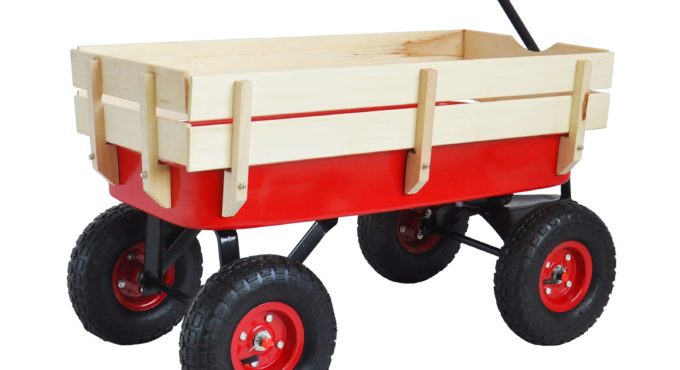 Outdoor Garden Wagon with Folding Handle Children Wood Railing All Terrain Air Tires Utility Cart