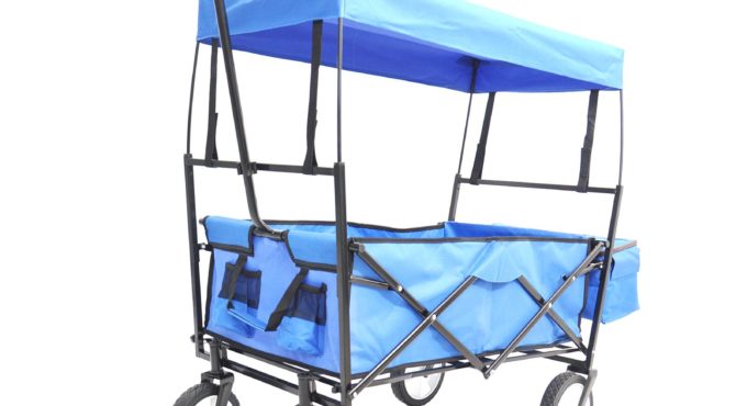 Beach Cart with Detachable Roof 600D PVC Fabric Collapsible Outdoor Trolley Blue