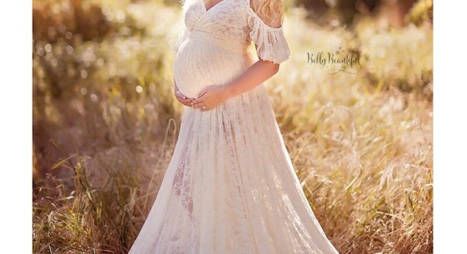 Off White Matenity Gown Photo Shoot Maternity Photography Props Lace Dresses Front Slit Maternity Maxi Dress See Through YEWEN