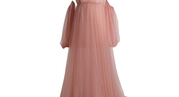 Cute Pink Tulle Elastic Band on Waist Detachable Sleeves Maxi Dresses for Women Maternity Dresses for Photo Shoot YEWEN