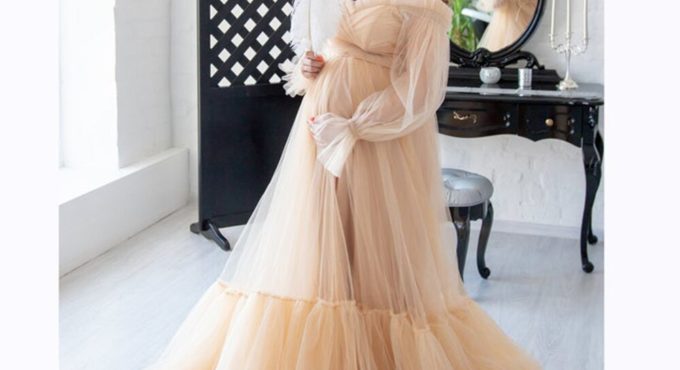 Champagne Maternity Dress for Photo Shoot Fancy Photography Props Tulle Pregnancy Dress Plus Size YEWEN 2021