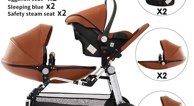 Luxury twins stroller aluminum frame leather twin pram baby can sit and lying with car seat double stroller