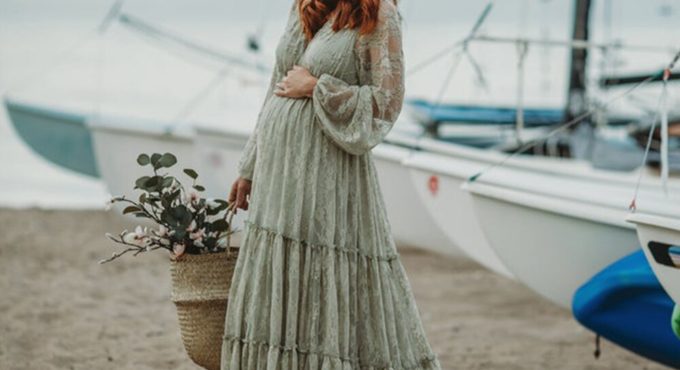 Outdoor Beach Photography Dress Maternity Long Sleeves Lace Maxi Dresses Pregnant Women Formal Dresses Fancy Photoshoots Props