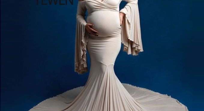 Strech Fabric V Neck Long Sleeves Mermaid Style Maternity Gown for Photo Shoot Babyshower Custom Color