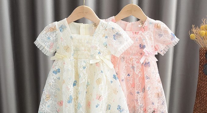 Children 2021 Baby Girls Sweet Printing Short Sleeve Dress Lace Butterfly Princess Dress Kids 5 pieces/lot