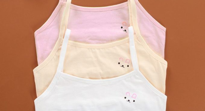 Teenage Puberty Girls Solid Color Double Layer Underwear Bra Spaghetti Strap Cute Cartoon Rabbit Bralette Summer Basic Crop Top