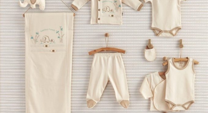 Unisex Baby Beige Organic Elephant 10 Piece Newborn Hospital Output Set