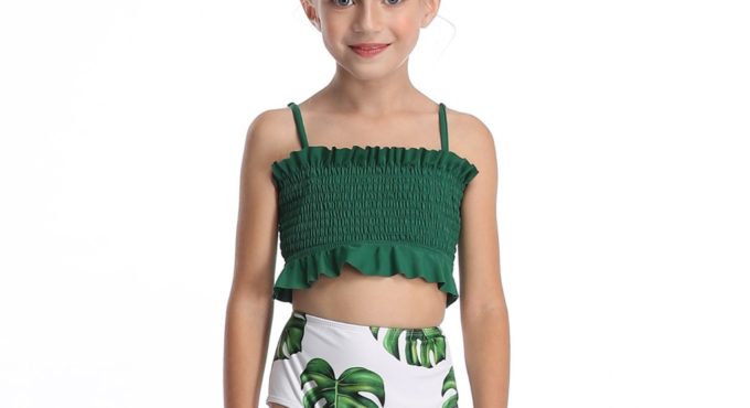 Ruffles Pleated Swimwear Baby Toddler Girls Crop Top Swimsuit Leaf Printed Shorts Two Piece Bikini Set Summer Swimming Beachwear