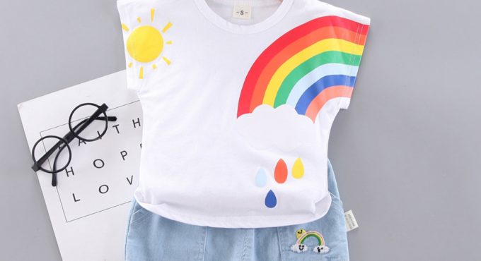 Infant Baby Boys Girls Sets Cartoon Rainbow T-shirt Jeans Shorts Outfits Short Sleeved Tops Summer Clothing Set Baby Clothes