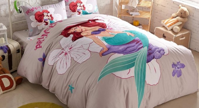 Home Fabric Disney Cartoon Little Mermaid Print Grey Duvet Quilt Cover Pillowcase Bedding Set Children Girls Bedroom Decor