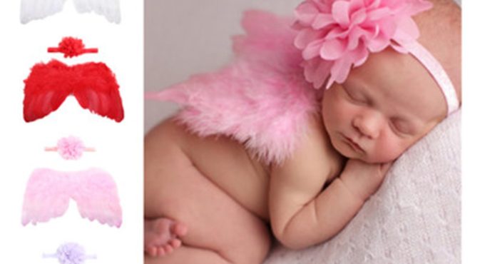 Baby Newborn Solid Color Angle Feather Wing And Flower Headband Photograph Prop Suit Infant Clothes Suit