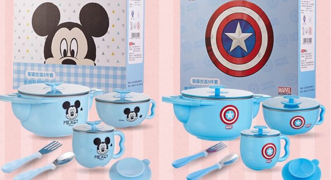 Original Disney Children's Five-piece Set Cutlery Set Insulation Suction Cup Bowl Complementary Food Bowl Fork Spoon Milk Cup