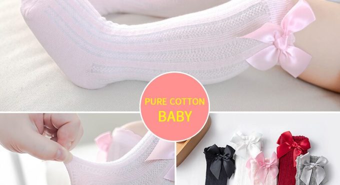 Baby Girls Socks Soft Cotton Bow Knee High Long Socks For Girls Ribbon Bow Solid Cotton Stretch Kids Socks For 0-4Y