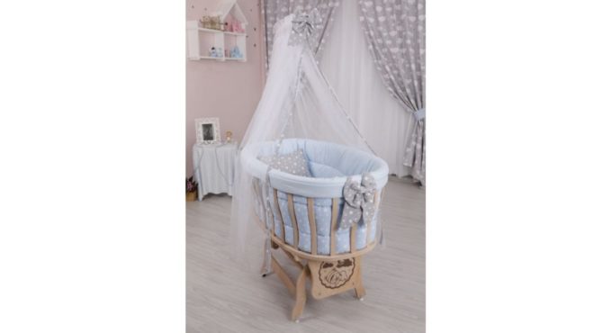 Natural Wooden Baby Cradle with Blue Gray Star Sleep Set