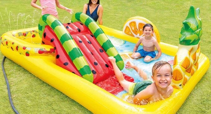 Lovely Fruit Slide Plastic PVC Inflatable Rectangular Swimming Pool summer Outdoor Garden Pool With Automatic Sprinkler