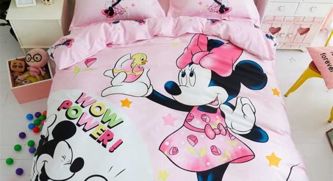 Disney Cartoon Pink Blue Mickey Minnie Mouse Bed Linen Duvet Quilt Pillowcase Bed Sheet Children Bedroom Decor Home Textile