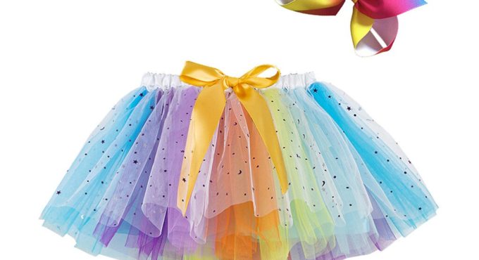 Tutu Skirt For Baby Girl Kids Party Dance Ballet Costume Splice Rainbow Tulle Skirt+bow Hairpin Toddler Girl Clothes Mini Skirts