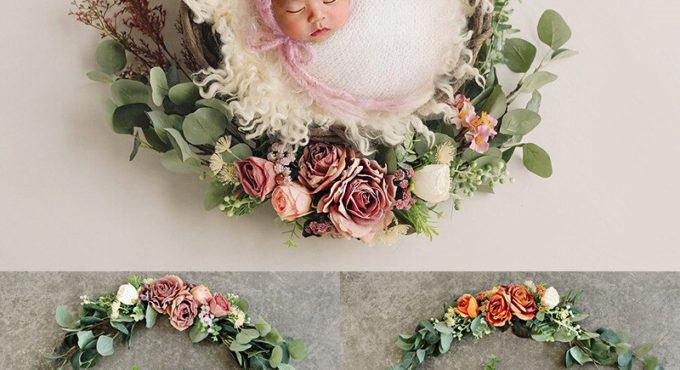 Newborn Photography Props Accessories Simulation Rose Wreath Lintel Rattan Decoration Baby Girl Birthday Take Photo Background