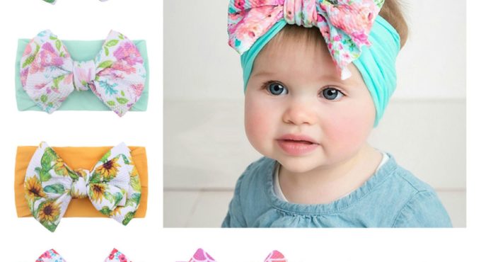 1pc Newborn Baby Cartoon Floral Flower Print Bow Headband Stretch Hairband Colourful Kid Headwear Повязка На Голову 2021