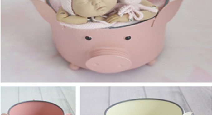 Pink Pig Shape Basket Newborn Photo Shoot Basket Studio Props Posing Baby Photography Background Gift Infant Iron Bed Basket