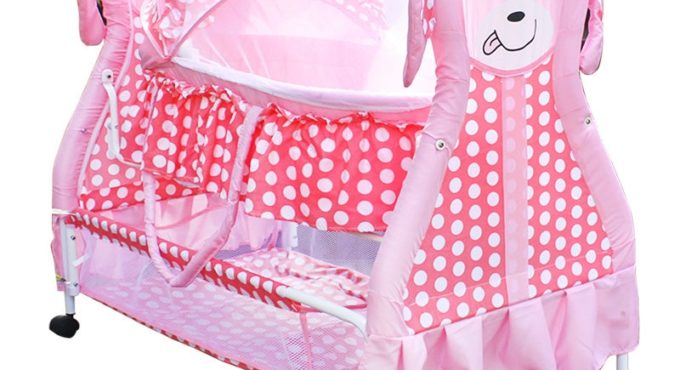 Cute Baby Bed With Mosquito Net, 2 in 1 Infant Crib Can Convert To Carrying Basket, Newborn Pink Rocking Cradle