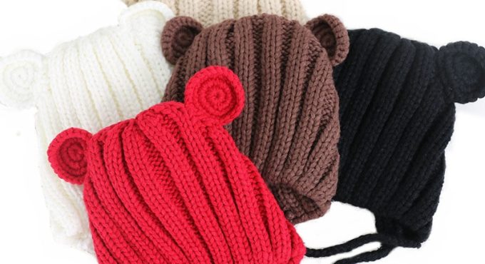 Knitted Winter Baby Hat with Ears Cartoon Lace-up Children Kids Baby Bonnet Cap for 1-3 Years 5 Colors