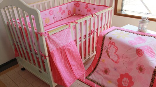 Promotion! 5PCS embroidery bed set Cot set for girls&boy crib bedding set,include(bumper+duvet+bed cover+bed skirt+diaper bag)