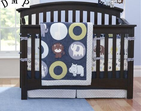 7PCS embroidered Baby Bedding Set Cartoon Whale Cotton Crib Bedding Bumpers tour de lit bébé(4bumper+duvet+bed cover+bed skirt)