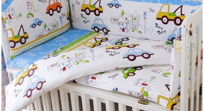 2017! 6PCS baby set Cartoon Car Boy Baby Cot Crib Bedding Set Cot Bumpers Bedding for cama infantil(4bumpers+sheet+pillow cover)