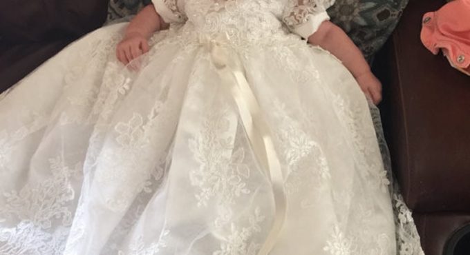 Without Headband White New Arrival Baby Girls Dresses Puff Sleeve Floor Length Short Sleeves Lace A-Line Formal Christening Gown