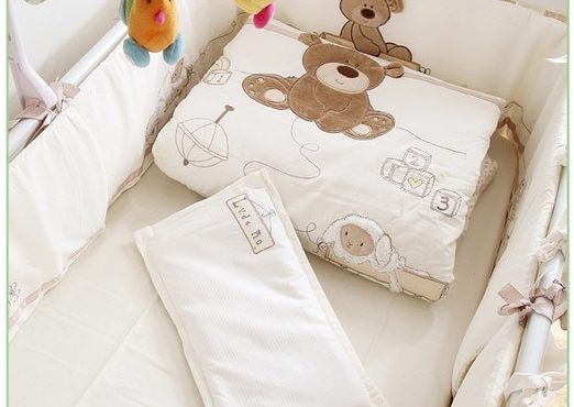 Promotion! 7pcs Embroidery Baby Bedding Set for Crib Newborn Baby Bed Linens for Girl Boy ,include(bumpers+duvet+sheet+pillow)