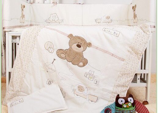 7pcs Baby Bedding for Crib Baby Bed Linens protetor de berco Boy Cartoon Bear Cot Bumpers ,(4bumpers+duvet+sheet+pillow)