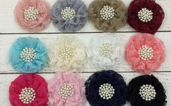 120pcs/lot 9cm 12colors Newborn Beaded Chiffon Flower+Pearl Rhinestone Button Shabby Lace Ruffled Fabric Flowers For Headbands