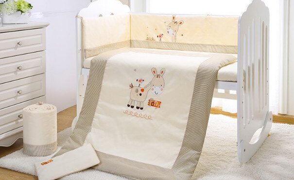 Promotion! 7PCS embroidery Cot Baby bedding set 100% cotton bumper set winter bedclothes,include(2bumper+duvet+sheet+pillow)